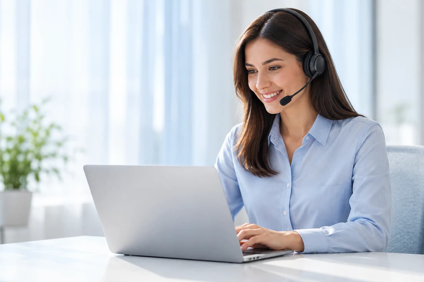 Fictional contact center agent working with a headset